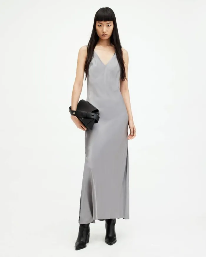 Amos 2In1 Satin Maxi Dress Grey Marl Women AllSaints Dresses