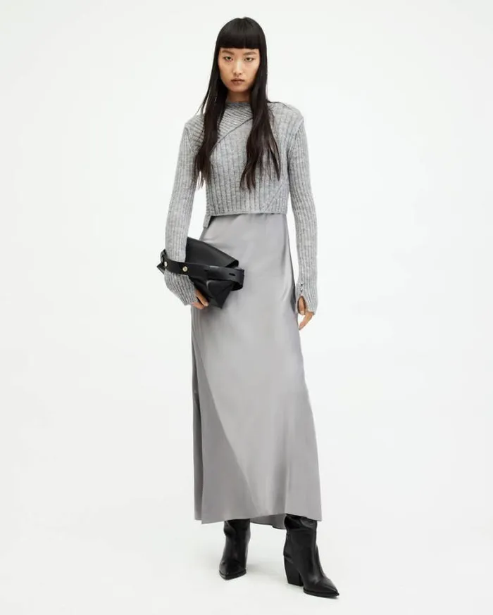 Amos 2In1 Satin Maxi Dress Grey Marl Women AllSaints Dresses