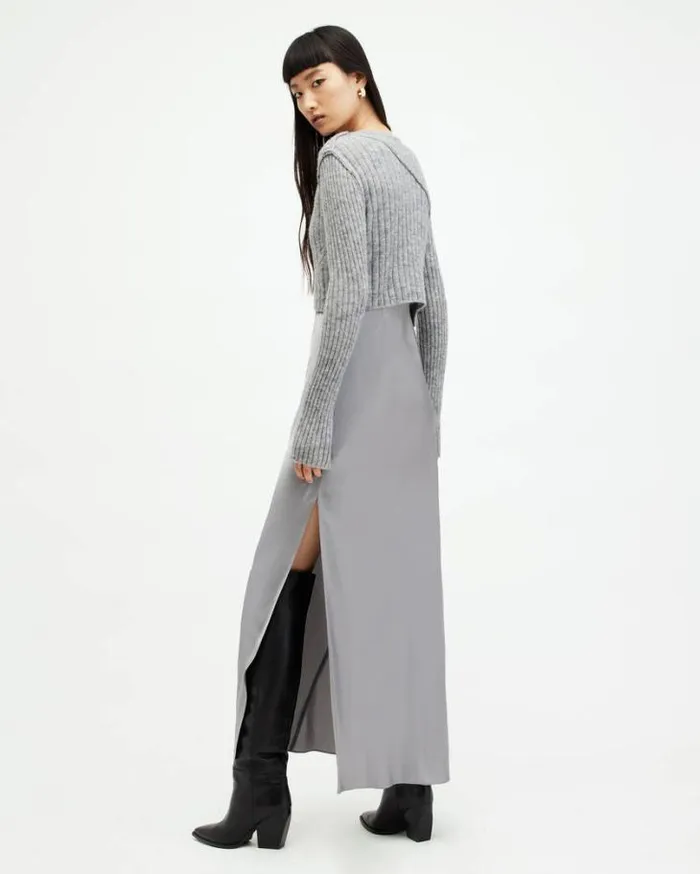 Amos 2In1 Satin Maxi Dress Grey Marl Women AllSaints Dresses