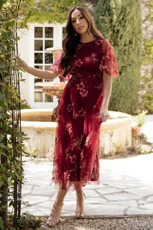 Arabella Embroidered Tulle Maxi Dress Burgundy Floral Women Baltic Born Tulle Styles