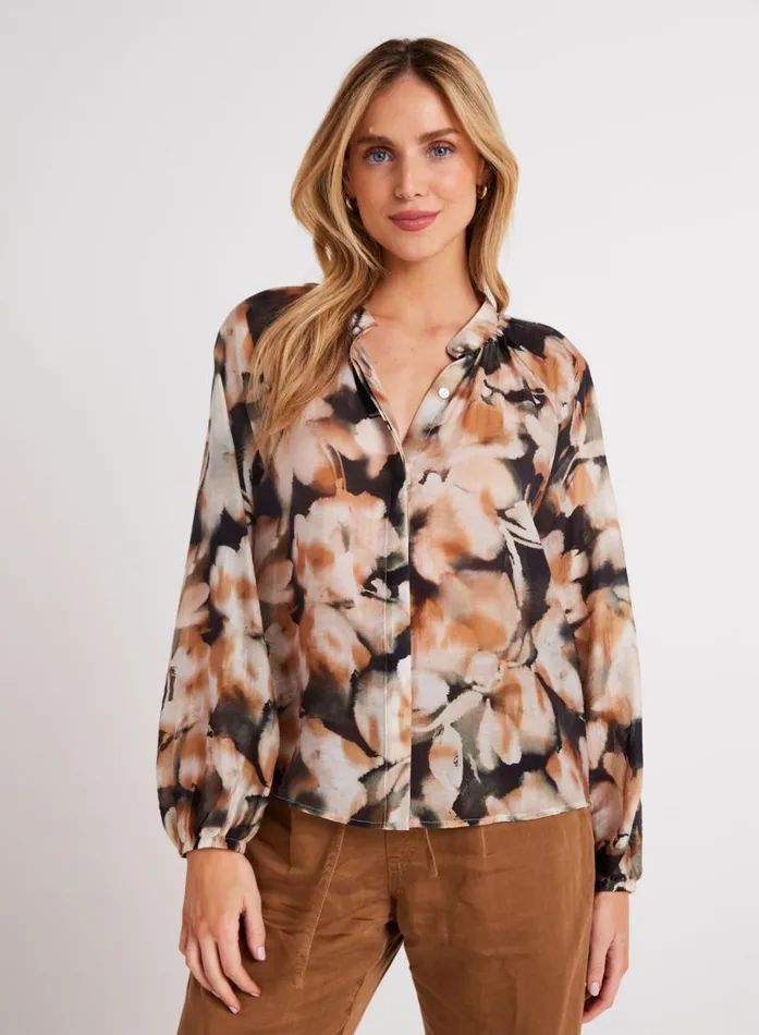 Bella Dahl Long Sleeve Shirred Raglan Shirt 8211 Harvest Floral Print Women Long Sleeve