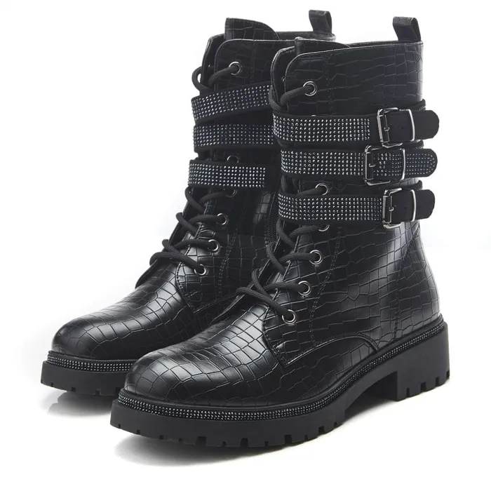 Chunky Boots Women Moda In Pelle Cyrus Black Croc Croc Print Porvair