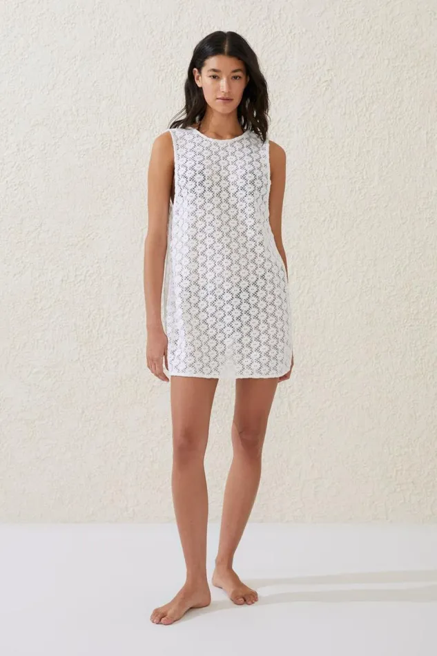 Cotton On CoverUps Open Mesh Beach Mini Dress Whitefloral 8211 Women