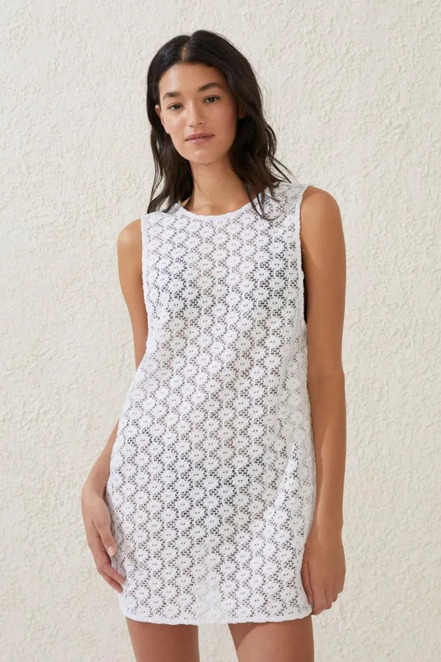 Cotton On CoverUps Open Mesh Beach Mini Dress Whitefloral 8211 Women