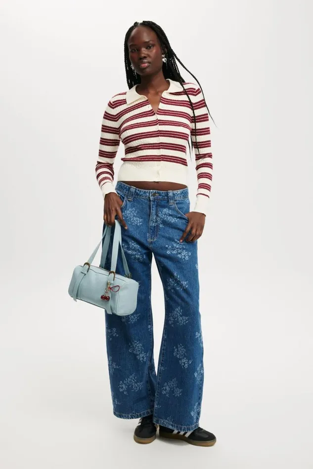 Cotton On SweatersandCardigans Preppy Button Through Polo Crimson Stripe 8211 Women