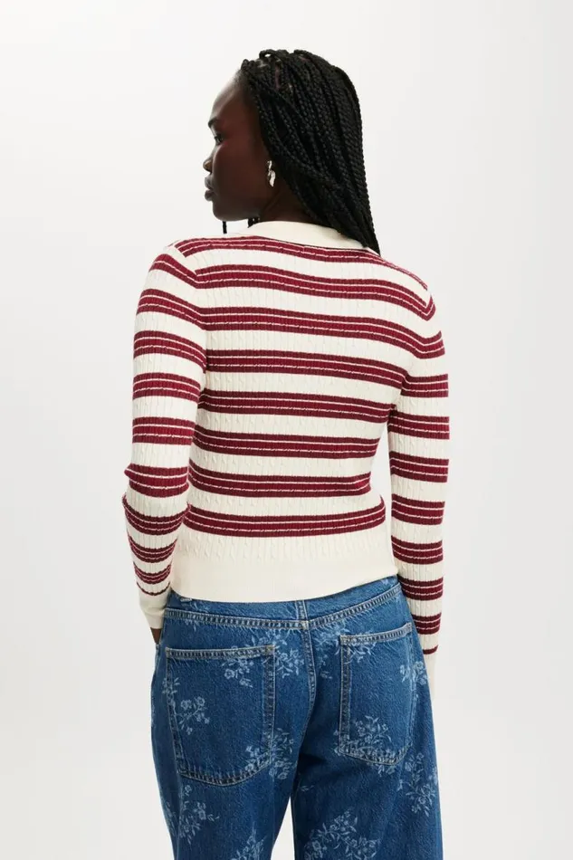 Cotton On SweatersandCardigans Preppy Button Through Polo Crimson Stripe 8211 Women