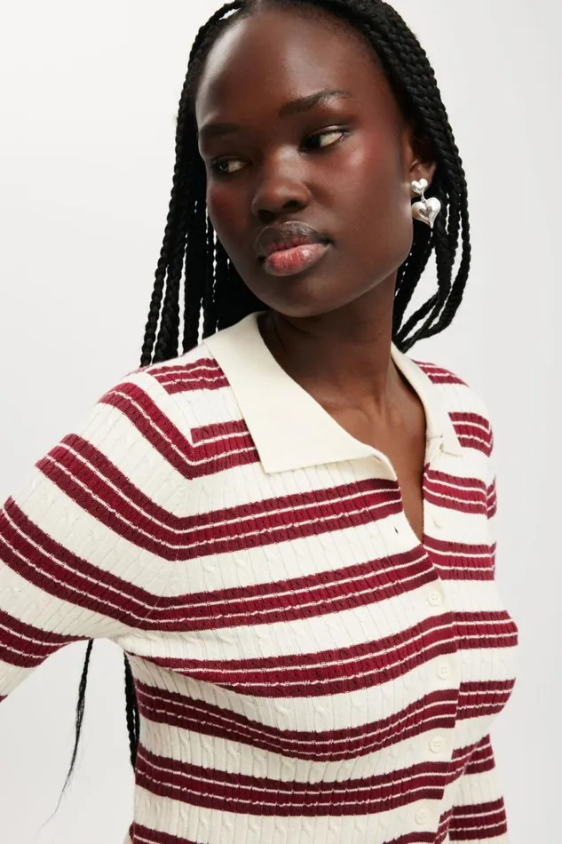 Cotton On SweatersandCardigans Preppy Button Through Polo Crimson Stripe 8211 Women