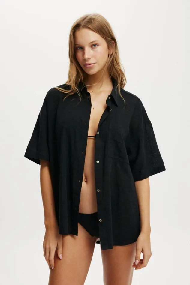 Cotton On Tops The Essential Short Sleeve Beach Shirt Black 8211 Women