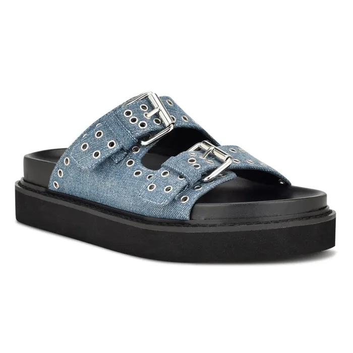 Eleny Buckle Slide Sandals Denim Women Nine West Casual Eleny Buckle Slide Sandals Denim Women Nine West Casual