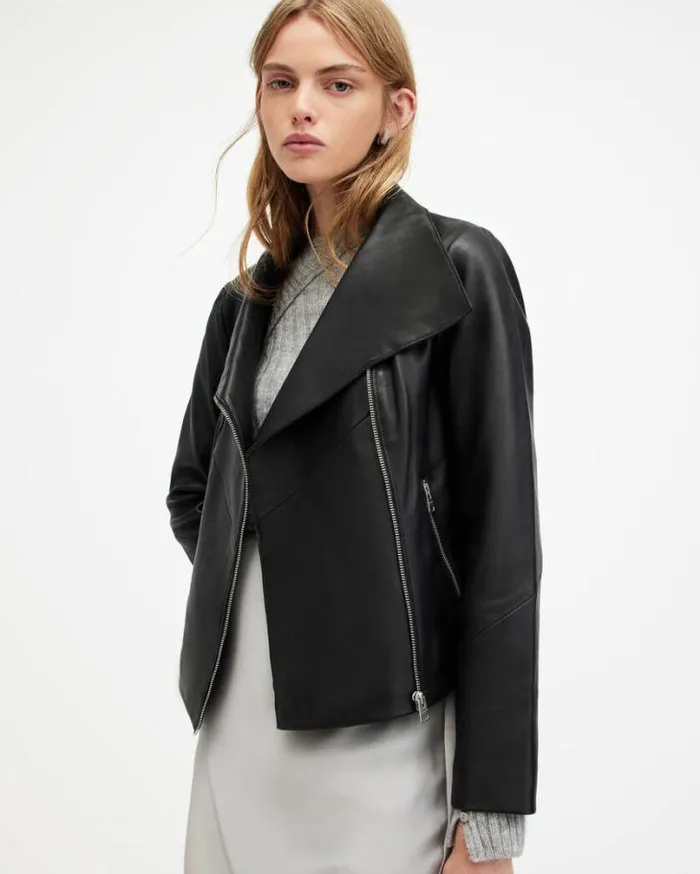 Gray Funnel Neck Draped Leather Jacket Black Women AllSaints Leather Jackets Gray Funnel Neck Draped Leather Jacket Black Women AllSaints Leather Jackets