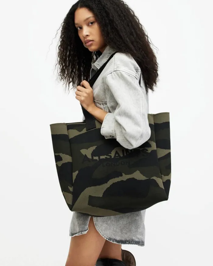 Izzy Logo Print Knitted Tote Bag Camo Green Women AllSaints Handbags and Wallets Izzy Logo Print Knitted Tote Bag Camo Green Women AllSaints Handbags and Wallets