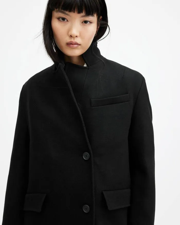 James Wool Blend Maxi Length Coat Black Women AllSaints Jackets and Coats