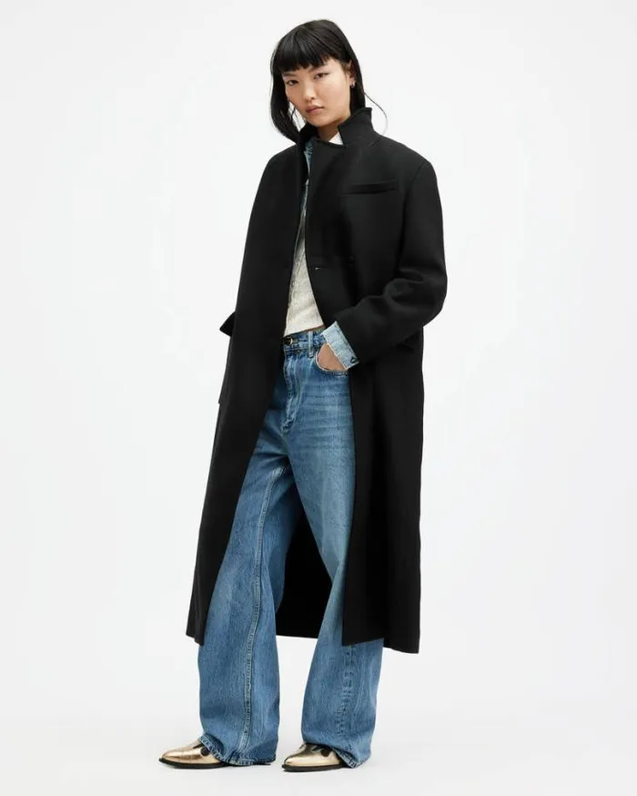 James Wool Blend Maxi Length Coat Black Women AllSaints Jackets and Coats