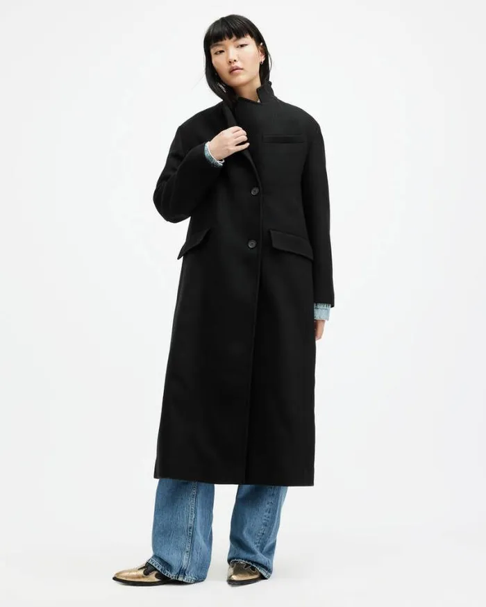 James Wool Blend Maxi Length Coat Black Women AllSaints Jackets and Coats