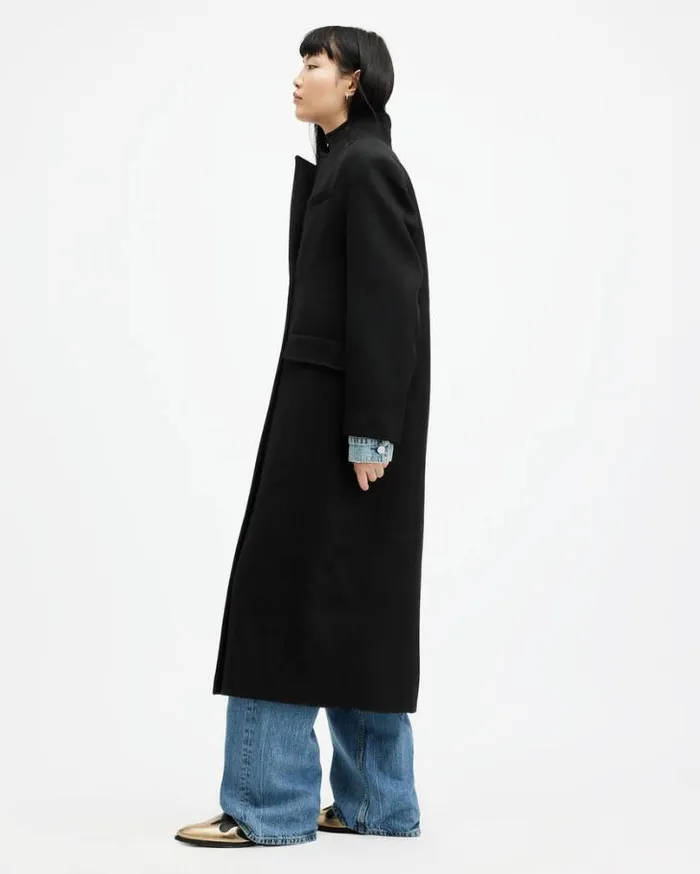 James Wool Blend Maxi Length Coat Black Women AllSaints Jackets and Coats