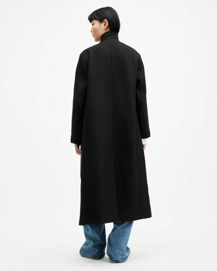 James Wool Blend Maxi Length Coat Black Women AllSaints Jackets and Coats