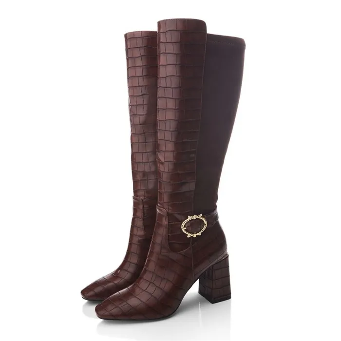 Knee High Boots Women Moda In Pelle Saretta Brown Patent Mocc Croc