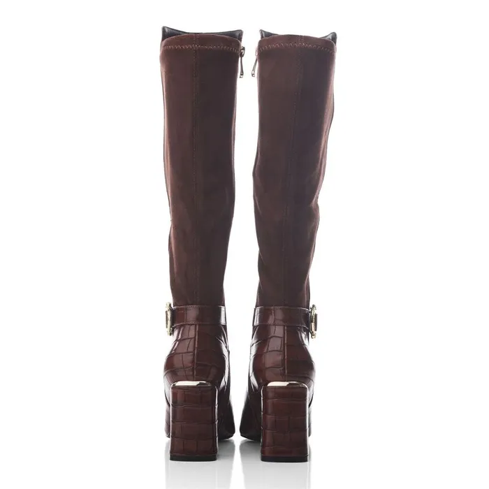 Knee High Boots Women Moda In Pelle Saretta Brown Patent Mocc Croc