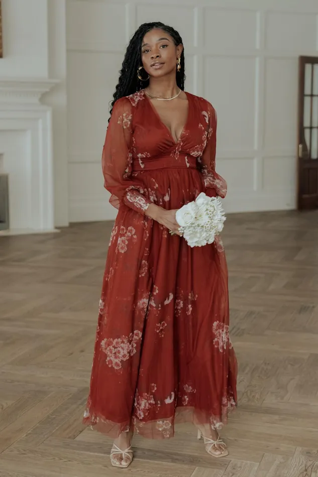 Layla Tulle Maxi Dress Rust Floral Women Baltic Born Wedding Guest