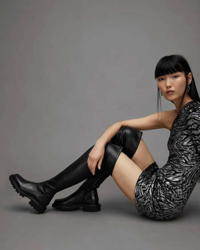 Leona Over The Knee Leather Boots Black Women AllSaints Shoes and Boots