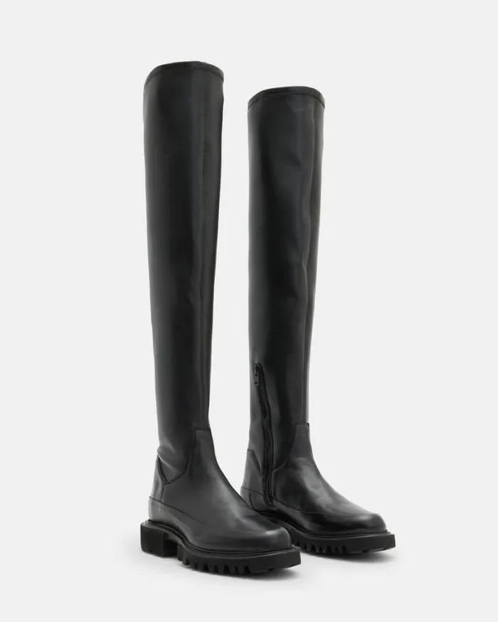 Leona Over The Knee Leather Boots Black Women AllSaints Shoes and Boots