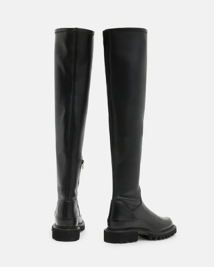 Leona Over The Knee Leather Boots Black Women AllSaints Shoes and Boots
