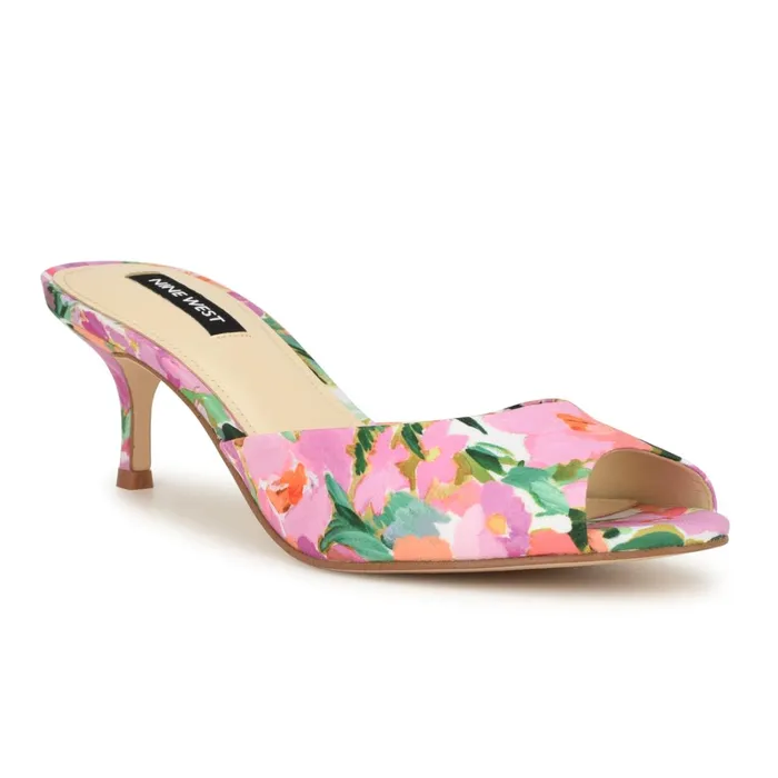 Luvlie Heeled Slide Sandals Pink Floral Women Nine West Dress Luvlie Heeled Slide Sandals Pink Floral Women Nine West Dress