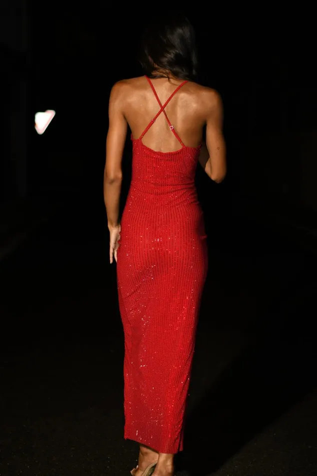 Meshki Midi Dresses Emeraude Diamante Ruched Midi Dress 8211 Vermilion Red Vermilionred 8211 Women
