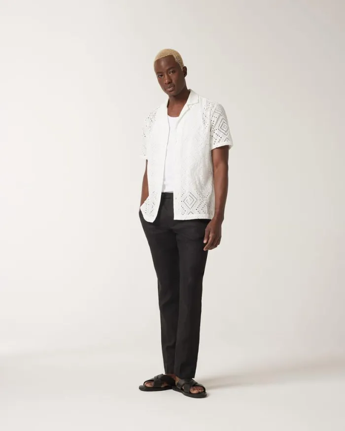 Politix Shirts Men Embroidery Cuban Collar Buttonup Shirt White