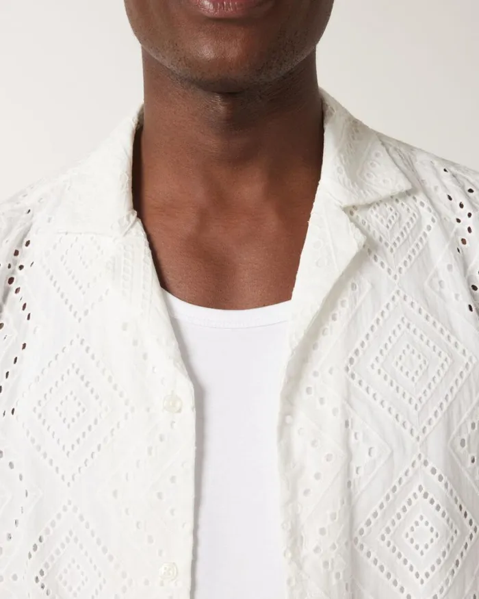 Politix Shirts Men Embroidery Cuban Collar Buttonup Shirt White