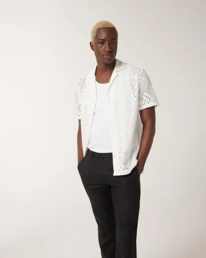 Politix Shirts Men Embroidery Cuban Collar Buttonup Shirt White