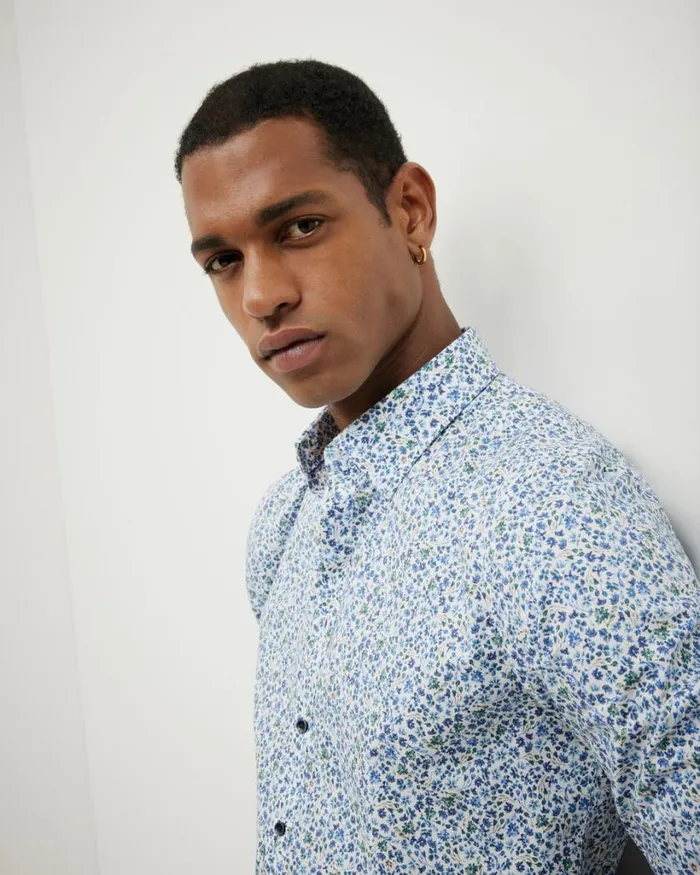 Politix Shirts Men Textured Floral Long Sleeve Shirt Blue