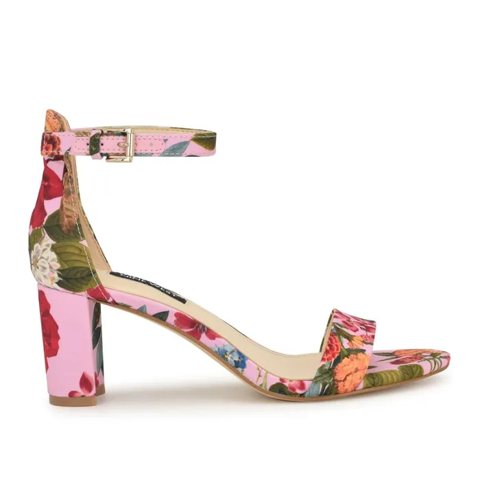 Pruce Ankle Strap Block Heel Sandals Pink Floral Women Nine West Dress