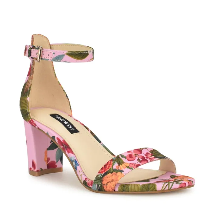 Pruce Ankle Strap Block Heel Sandals Pink Floral Women Nine West Dress Pruce Ankle Strap Block Heel Sandals Pink Floral Women Nine West Dress