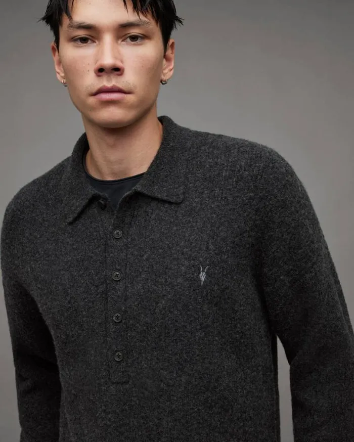 Shapley Long Sleeve Polo Neck Sweater Cinder Black Marl Men AllSaints Sweaters Shapley Long Sleeve Polo Neck Sweater Cinder Black Marl Men AllSaints Sweaters
