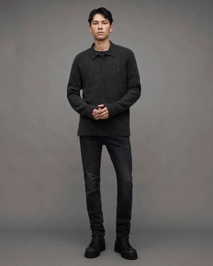 Shapley Long Sleeve Polo Neck Sweater Cinder Black Marl Men AllSaints Sweaters Shapley Long Sleeve Polo Neck Sweater Cinder Black Marl Men AllSaints Sweaters