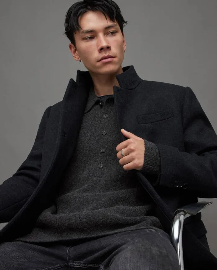 Shapley Long Sleeve Polo Neck Sweater Cinder Black Marl Men AllSaints Sweaters Shapley Long Sleeve Polo Neck Sweater Cinder Black Marl Men AllSaints Sweaters