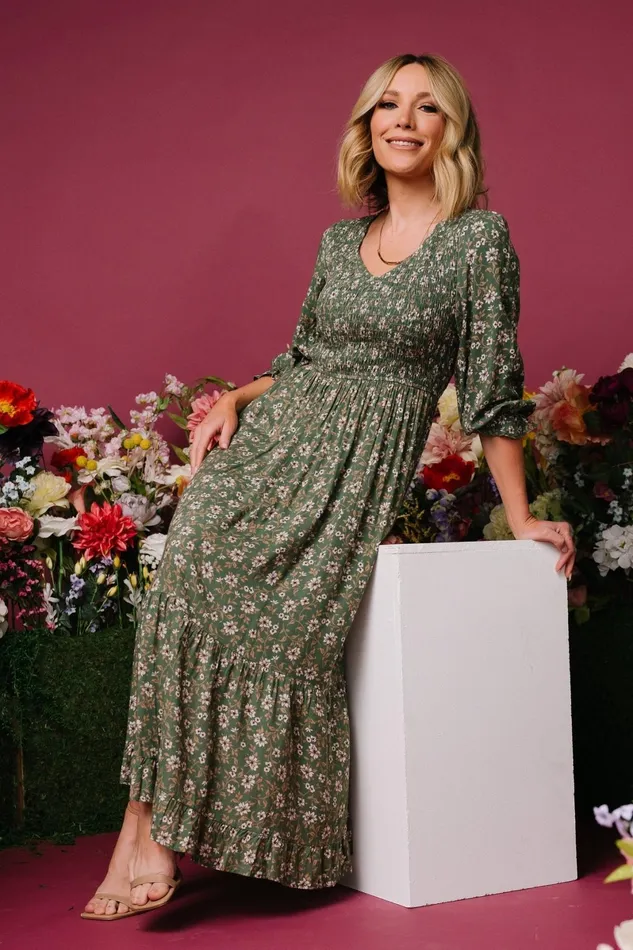 Tarryn Smocked Midi Dress Olive Floral Women Baltic Born Bump Friendly