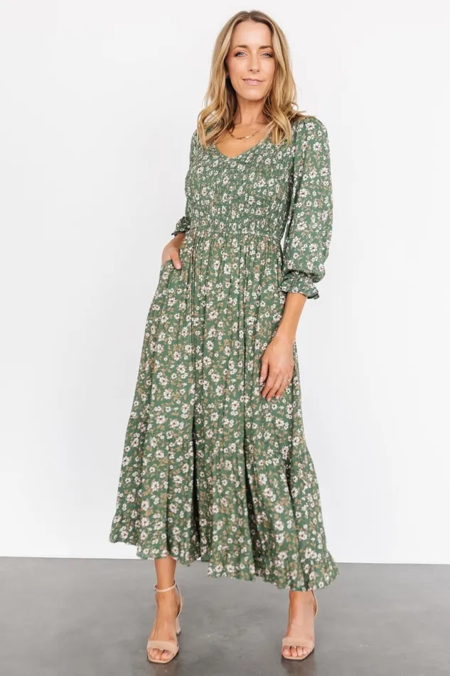 Tarryn Smocked Midi Dress Olive Floral Women Baltic Born Bump Friendly Tarryn Smocked Midi Dress Olive Floral Women Baltic Born Bump Friendly