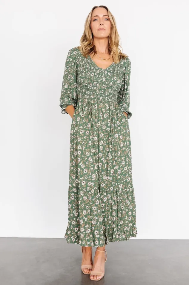 Tarryn Smocked Midi Dress Olive Floral Women Baltic Born Bump Friendly Tarryn Smocked Midi Dress Olive Floral Women Baltic Born Bump Friendly