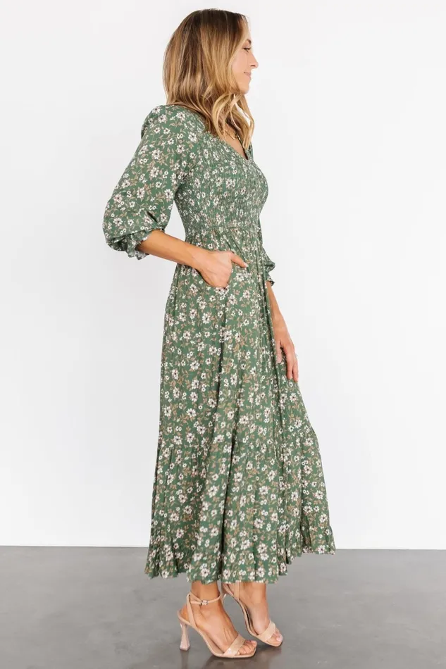 Tarryn Smocked Midi Dress Olive Floral Women Baltic Born Bump Friendly Tarryn Smocked Midi Dress Olive Floral Women Baltic Born Bump Friendly