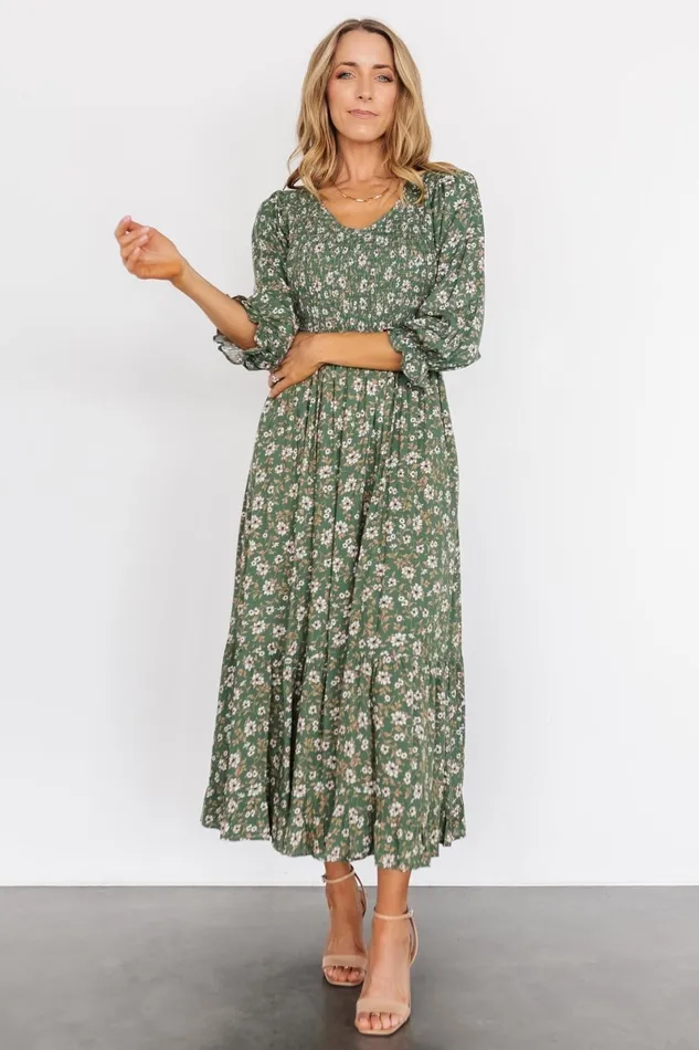Tarryn Smocked Midi Dress Olive Floral Women Baltic Born Bump Friendly Tarryn Smocked Midi Dress Olive Floral Women Baltic Born Bump Friendly