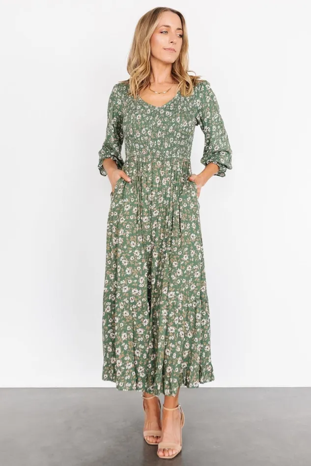 Tarryn Smocked Midi Dress Olive Floral Women Baltic Born Bump Friendly Tarryn Smocked Midi Dress Olive Floral Women Baltic Born Bump Friendly