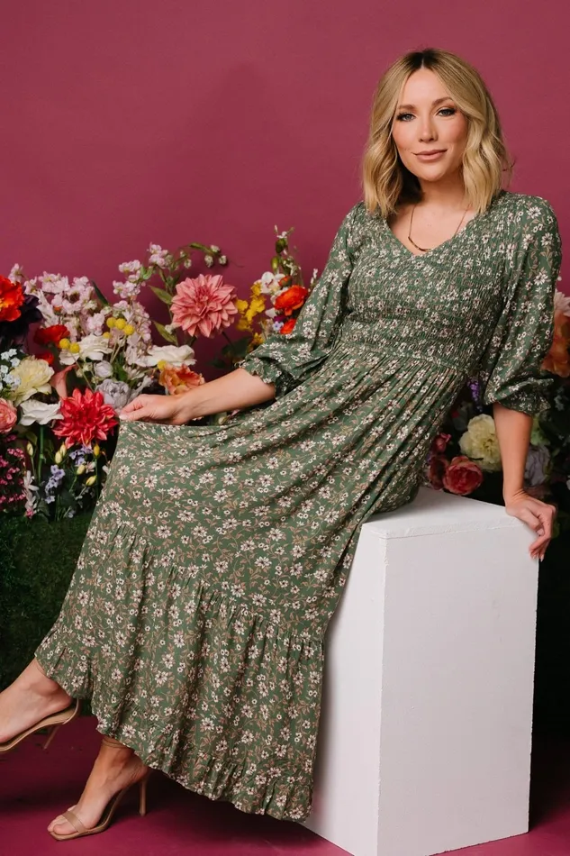 Tarryn Smocked Midi Dress Olive Floral Women Baltic Born Bump Friendly Tarryn Smocked Midi Dress Olive Floral Women Baltic Born Bump Friendly
