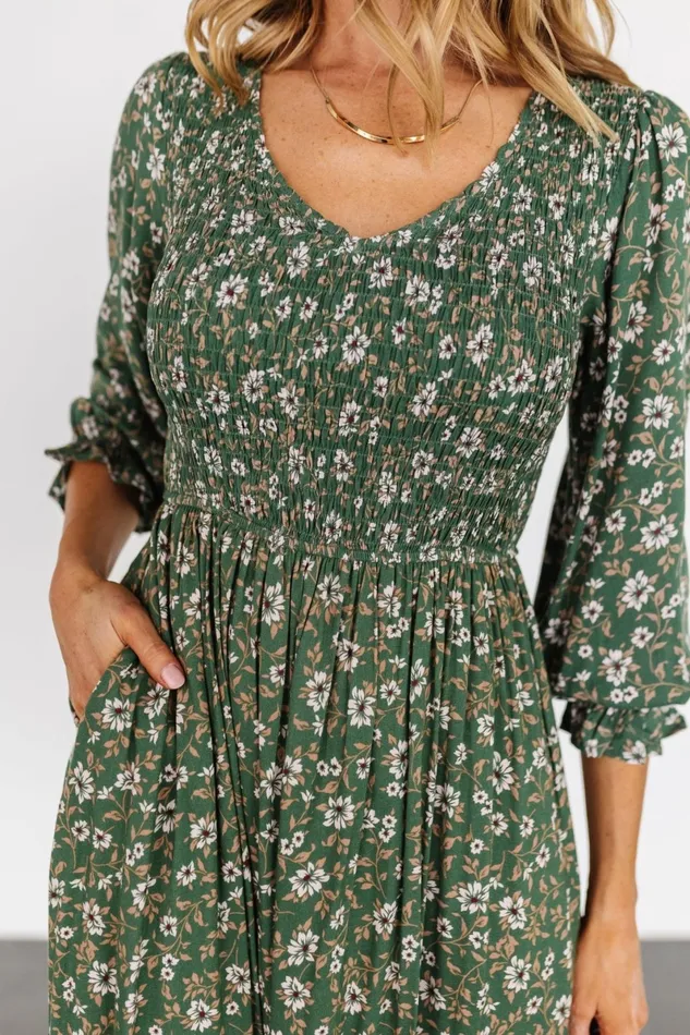 Tarryn Smocked Midi Dress Olive Floral Women Baltic Born Bump Friendly Tarryn Smocked Midi Dress Olive Floral Women Baltic Born Bump Friendly