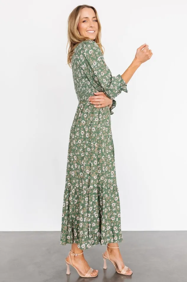Tarryn Smocked Midi Dress Olive Floral Women Baltic Born Bump Friendly Tarryn Smocked Midi Dress Olive Floral Women Baltic Born Bump Friendly