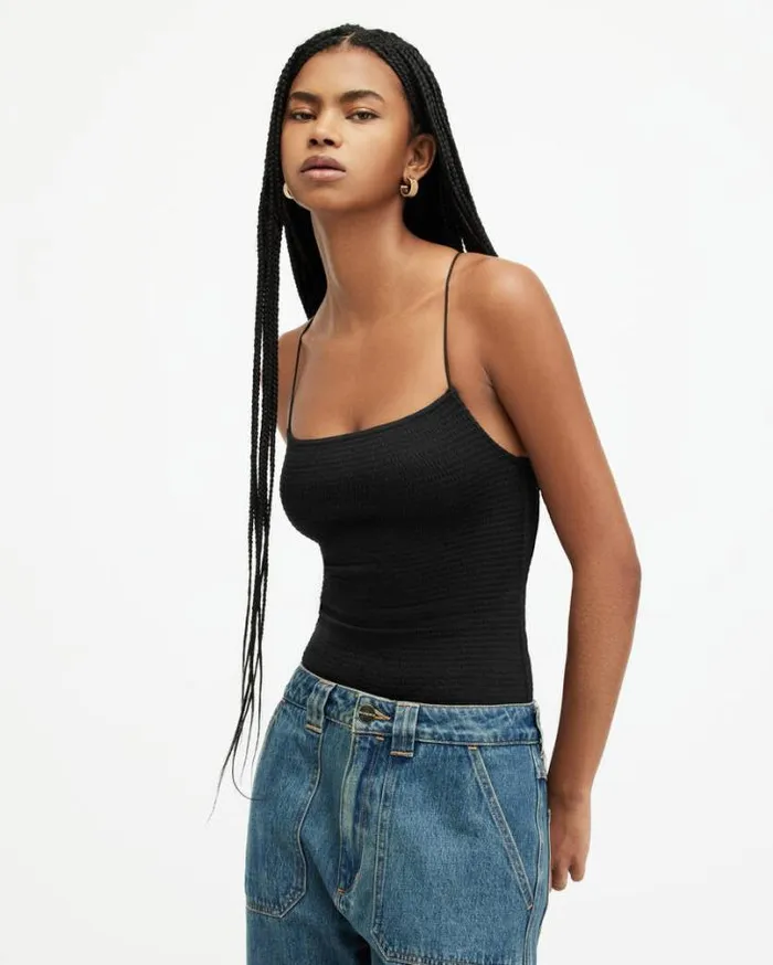 Tilly Shirred Square Neck Bodysuit Black Women AllSaints Tops and Shirts