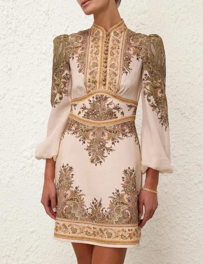 Women Clothing Zimmermann Natura Buttoned Mini Dress Khaki Paisley