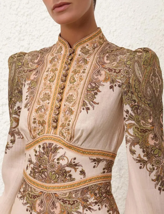 Women Clothing Zimmermann Natura Buttoned Mini Dress Khaki Paisley