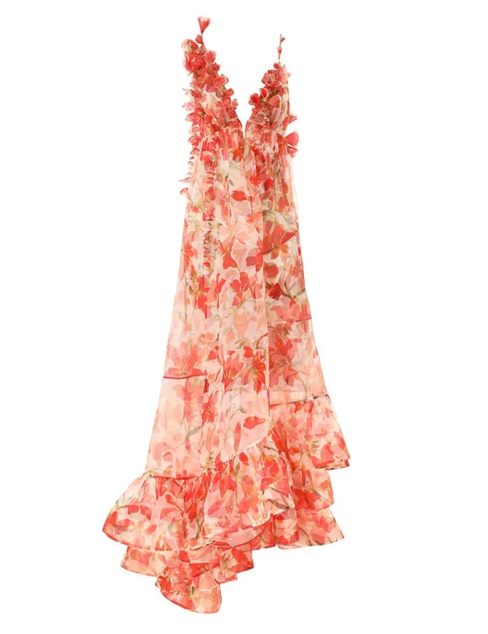 Women Clothing Zimmermann Tranquillity Floral Strap Gown Red Lily